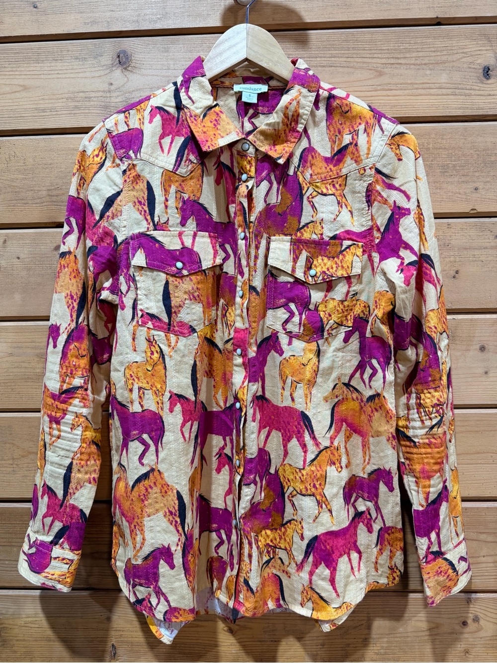 Sundance Equestrian Joy Horse Print Pearl Snap Western Shirt Small
